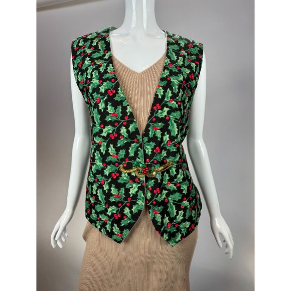 Vintage Holiday Holly Vest - blemish on shoulder OS Green Holly Cotton Blend - Picture 9 of 16
